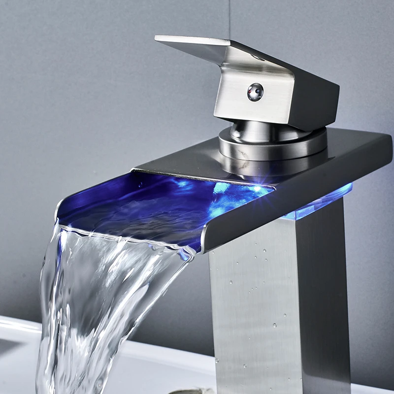 LED Light Waterfall Spout With A Single Handle Basin Faucet Mixer Tap