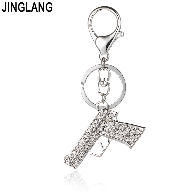 JINGLANG Silver Color Lobster Clasp Keyring White Crystal Gun Charms Keychains For Men Luxury