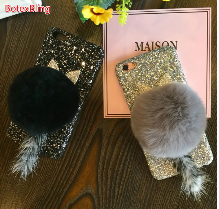 BotexBling new DIY Cute rabbit tail hair ball Glitter hard case for iphone X case 8 8plus 7 7plus 6 6s plus 6plus tassel cover