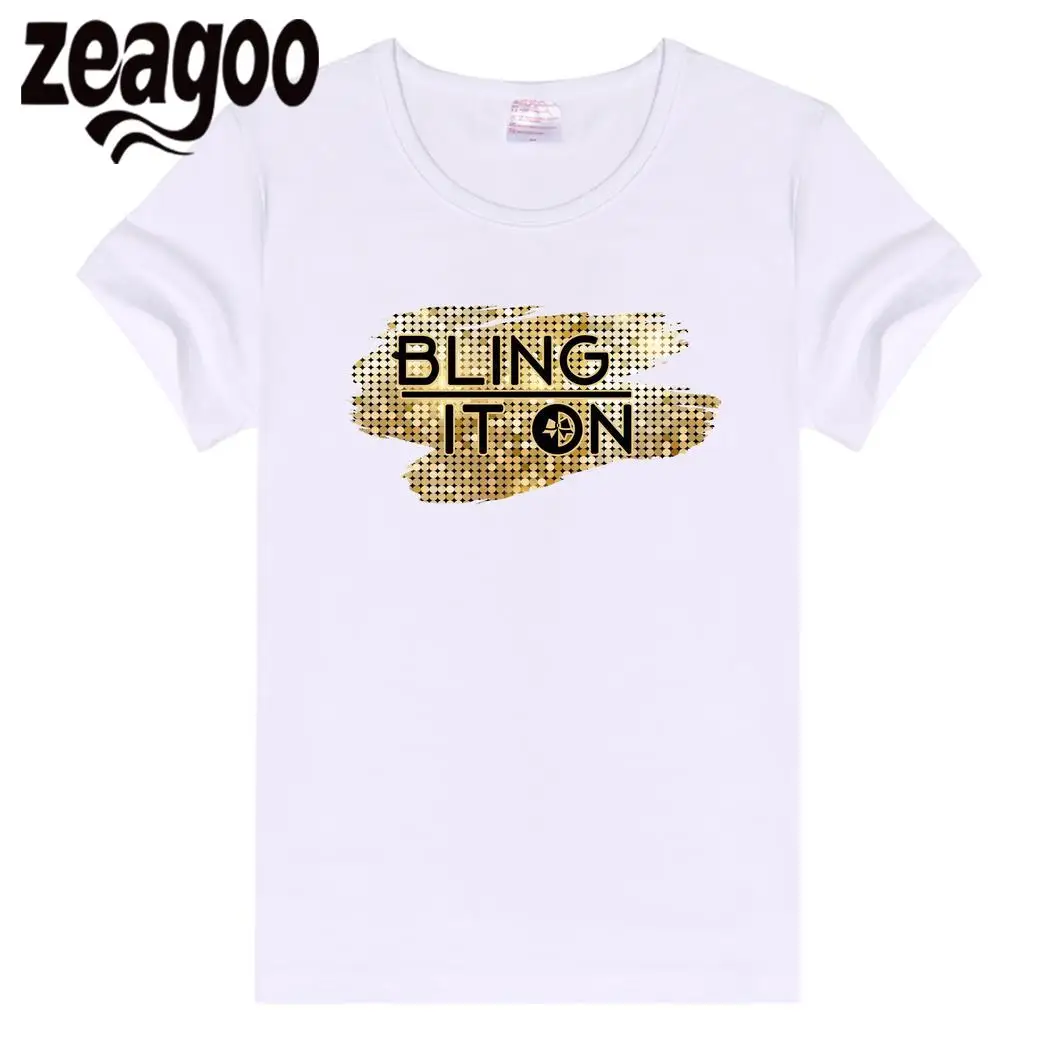 Zeagoo рукавом Повседневное, шеи экипажа Slim Fit мягкие короткие Для женщин футболка Белый bling