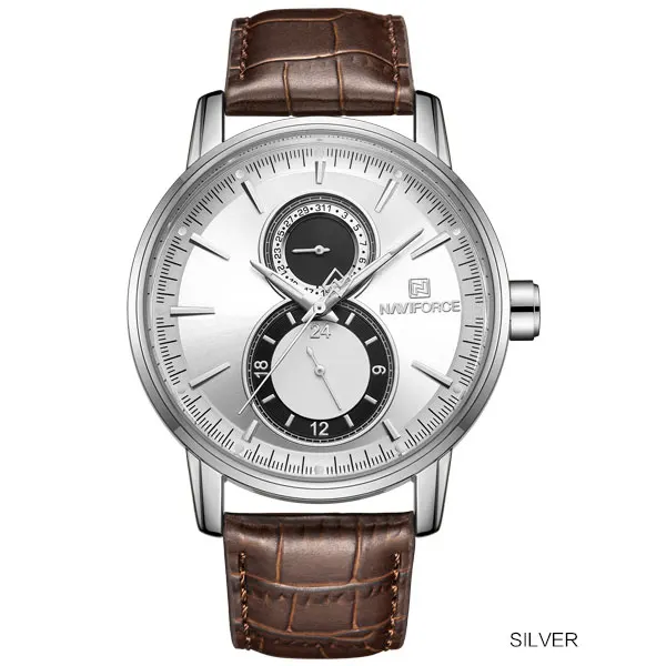 NAVIFORCE мужские модные повседневные часы кожаные 24 часа Дата наручные часы мужские s водонепроницаемые аналоговые кварцевые наручные часы Masculino - Цвет: Silver