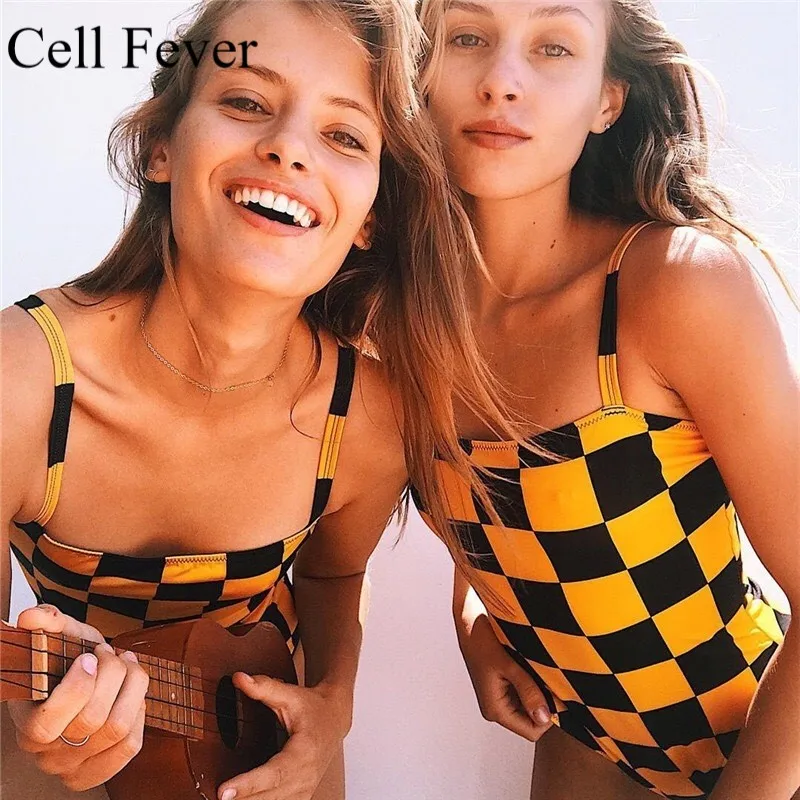 

Sexy One Piece Swimsuit Women 2019 Summer Beachwear Vintage Plaid Swimwear Monokini Ladies Bodysuit Bathing Suits
