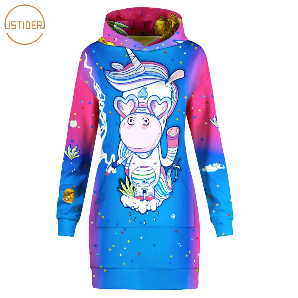 

ISTider New Cute 3D Printed Rainbow Cartoon Unicorn Hoodies Dress Women Clothing Jogger Fitness Sweatshirt Tracksuit Long Hoodie