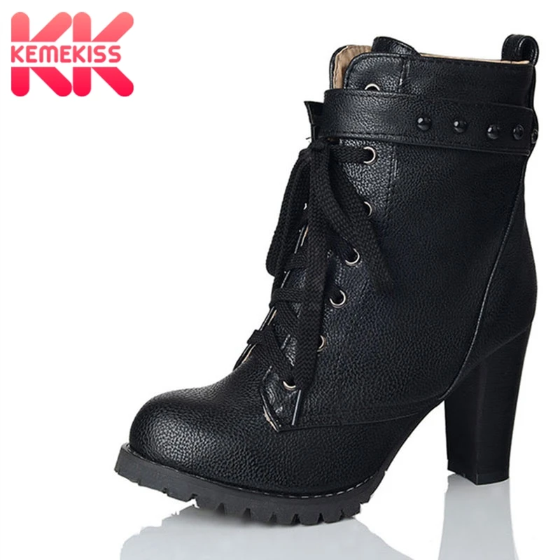 

KemeKiss Women High Heels Boots Cross Strap Agrafe Rivets Ankle Shoes Women Platform Daily Thick Heeled Footwear Size 34-43