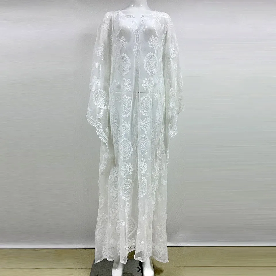 Летний стиль женское платье однотонная Белая Туника кружевные платья пляжное платье-туника с v-образным вырезом рукав «летучая мышь» Макси платье пляжное платье Vestidos Q128