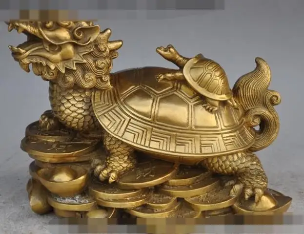 

S00371 10" china brass wealth money coin ingot dragon turtle Small turtles lucky statue B0403