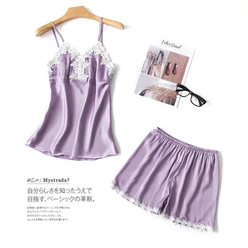 

2019 sexy women silk pajamas sets lingerie pijama femme pijamas top short summer lounge sets satin lace sleepwear set