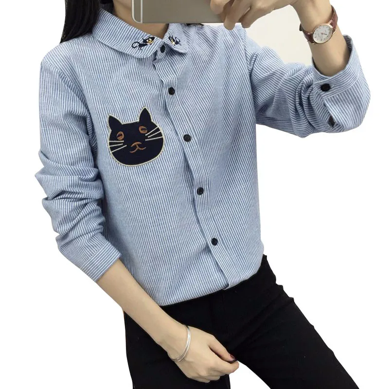 2016 New Spring and Autumn Womens Shirt Blouse Cat Embroidery Long Sleeve Women Shirts Casual Tops Size M-XL01