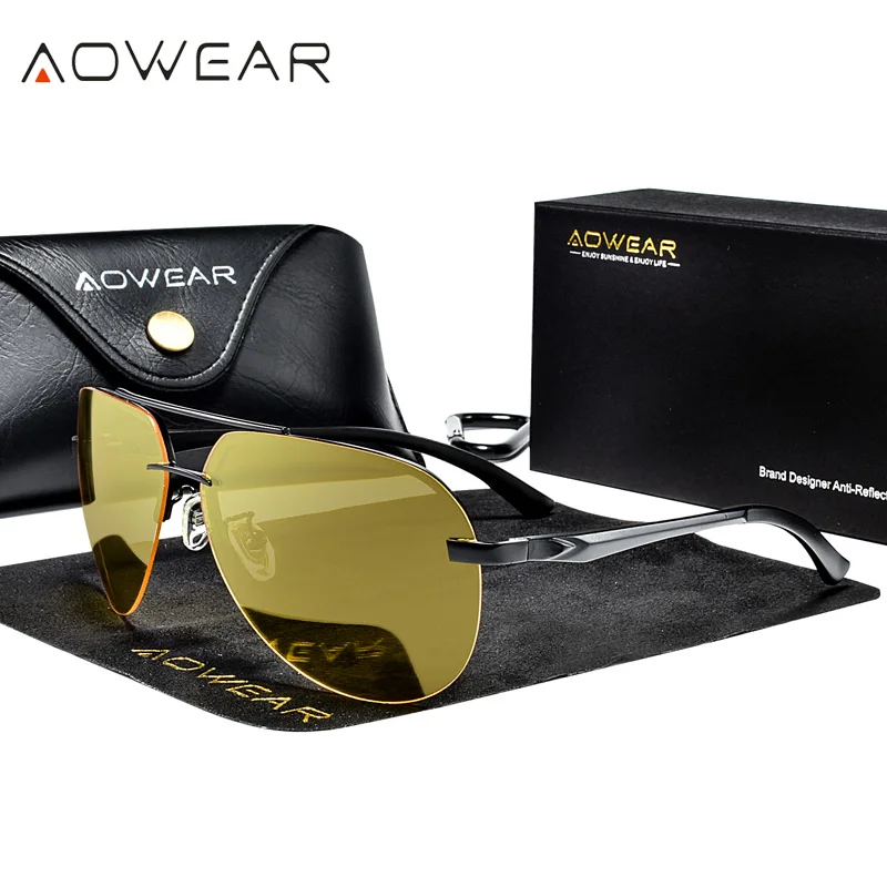 Мужские темные очки без оправы AOWEAR поляризационные с HD ночным видением UV400 желтые