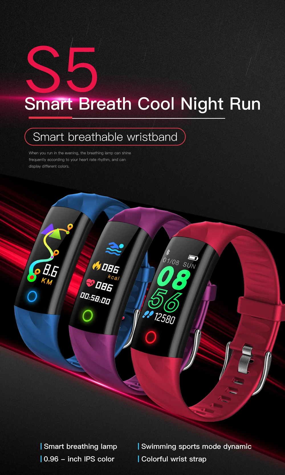 

S5 Color Screen Blood Pressure Heart Rate Smart Monitor Bracelet Waterproof Sports Bracelet Bluetooth Smart Health Bracelet
