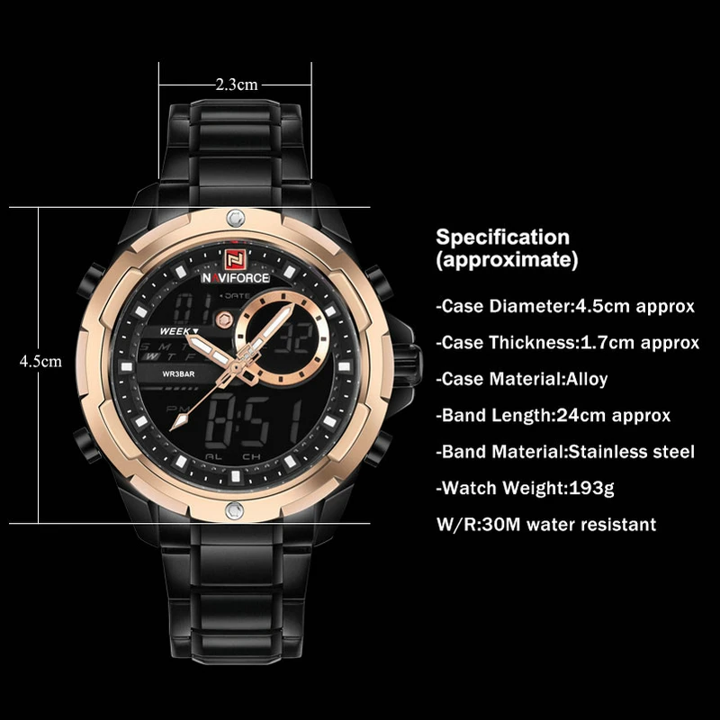 Часы NAVIFORCE мужские спортивные цифровые водонепроницаемые стальные светодиодные