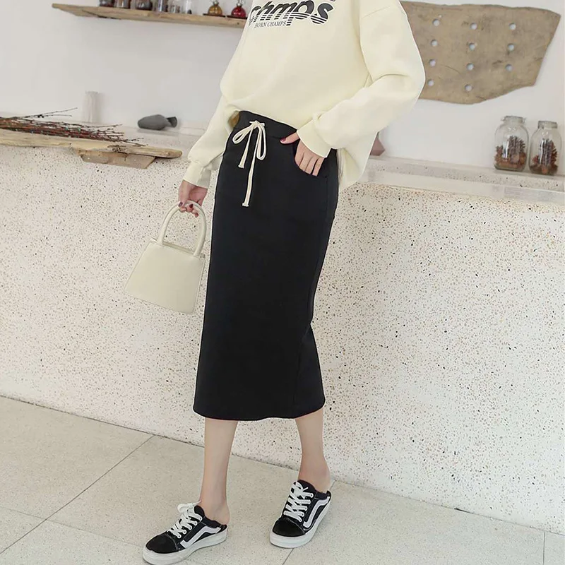 Трикотажная юбка с высокой талией, Длинная тонкая юбка, эластичная веревка