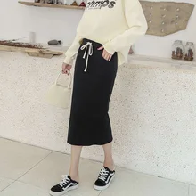 Трикотажная юбка с высокой талией, Длинная тонкая юбка, эластичная веревка