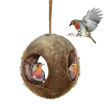 Pet Coconut Shell Bird Parrot Nest House Hut Cage Feeder Toy With Chain Budgie Parakeet Cockatiel Conure Hideaway Husk