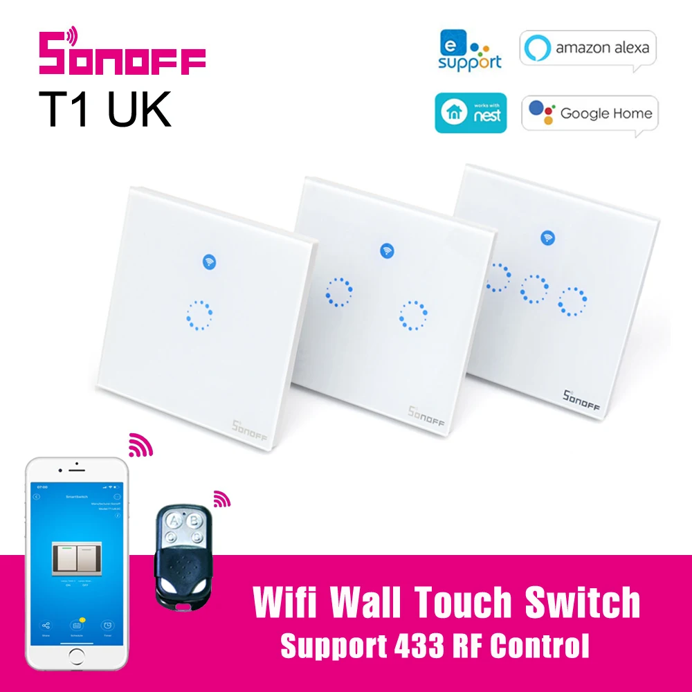 

Sonoff T1 UK Smart Wifi Wall Touch Switch 1 2 3 Gang Glass Panel Wall light Switch 433 RF Ewelink APP Support Alex Google Home