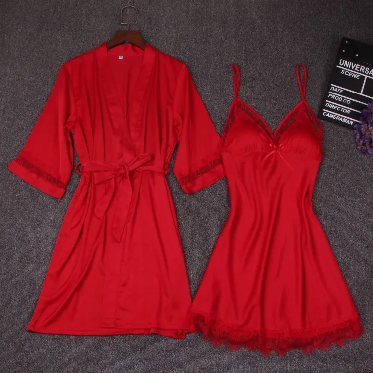 Осенняя женская ночная рубашка, комплекты из 2 предметов, ночная рубашка, халат с нагрудной накладкой, женское атласное кимоно, банное платье, одежда для сна, розовый халат, костюм
