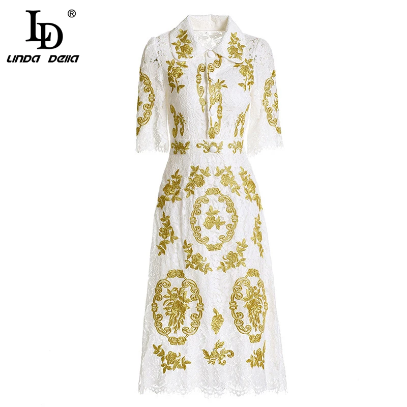 

LD LINDA DELLA New 2018 Autumn Fashion Runway Dress Women's Short Sleeve Vintage Floral Embroidery Midi White Lace Dress