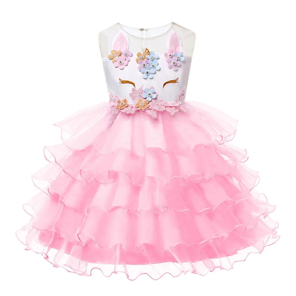 VOGUEON/костюм принцессы с единорогом для девочек; Свадебное бальное платье с цветочным узором для девочек; детское платье-пачка без рукавов с вышивкой для дня рождения