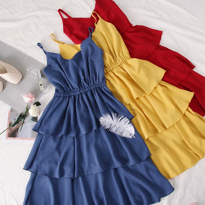 

Summer 2019 New Women Sweet V-neck Layer Cake Dress Ladies Casual Cascading Ruffles High-waist Solid A-line Middle Dresses
