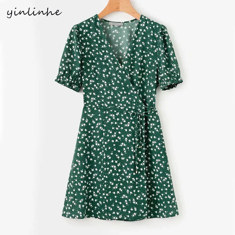 

yinlinhe Green Vintage Wrap Dress Women Chic Slim Beach/Summer Dress Short Sleeve 2019 Elegant Show Thin Holiday Vestidos 1005