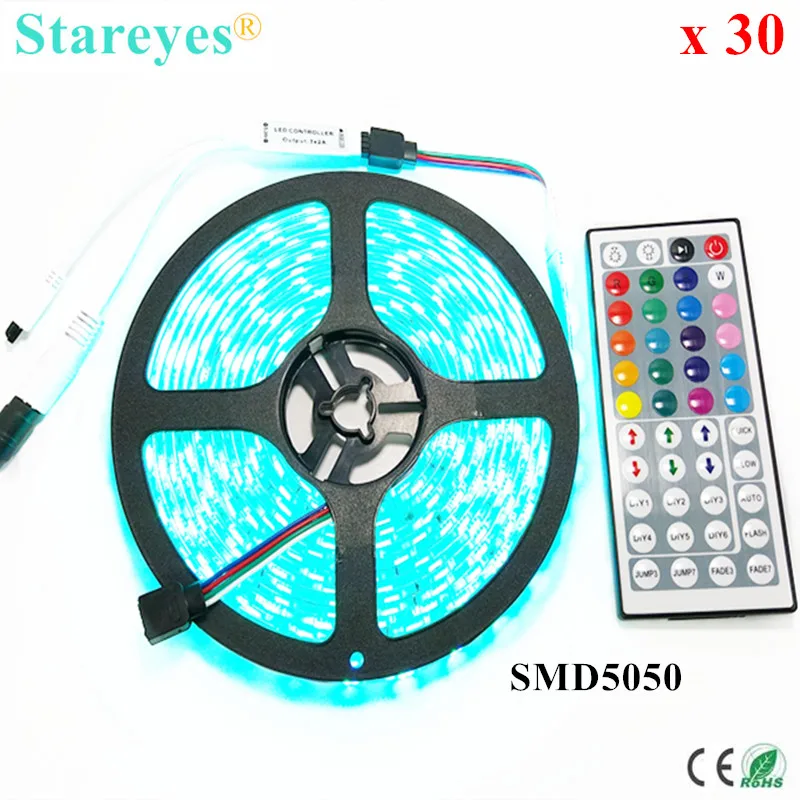 

Free Shipping 30 sets SMD 5050 60 LED / M RGB Strip 5M 300 LED DC12V Colorful tape light Strip string lighting 44 Key IR Remote