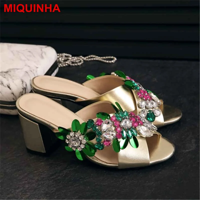 

MIQUINHA Peep Toe Metallic Color Women Slipper Crystal Flower Decor High Heel Women Summer Slides Bohemia Style Beach Shoes