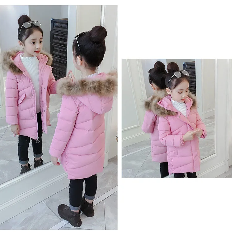 New 2018 Children Outwear Tops Winter Jacket For Girls Fashion Fur Hooded Thick Cotton-Padded Kids Long Coat Solid Parka Clothes (17)