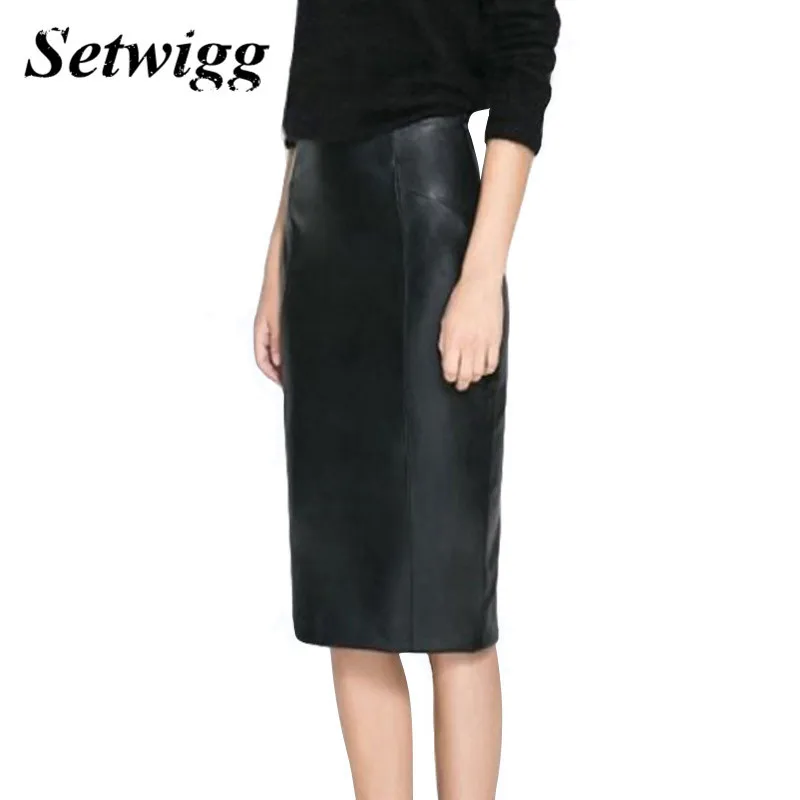 

SETWIGG Womens Winter Faux Leather Midi Pencil Skirts High Waist Zipper Back Split PU Leather Bodycon Below Knee Office Skirt