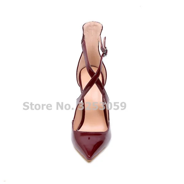 ALMUDENA Women Chic Wine Red Patent Leather Pointed Toe Pumps Stiletto Heels Cross Strap Banquet Shoes Burgundy Bridal Shoes