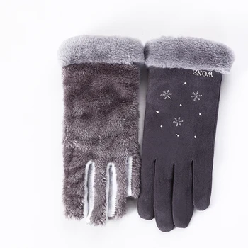 New Winter Female Double Thick Plush Wrist Warm Cashmere Cute Snowflake Mittens Women Flexibility Touch Screen Driving Glove 81E