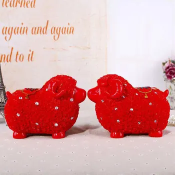 

European Lucky Couple Sheep Piggy Bank Figurines Creative Red Sheep Model Living Room Home Decor Accessories Crafts Wedding Gift