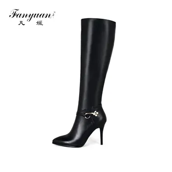 

Fanyuan black new arrive women boots pointed toe ladies genuine leather+PU boots zipper cow leather knee high boots size 43