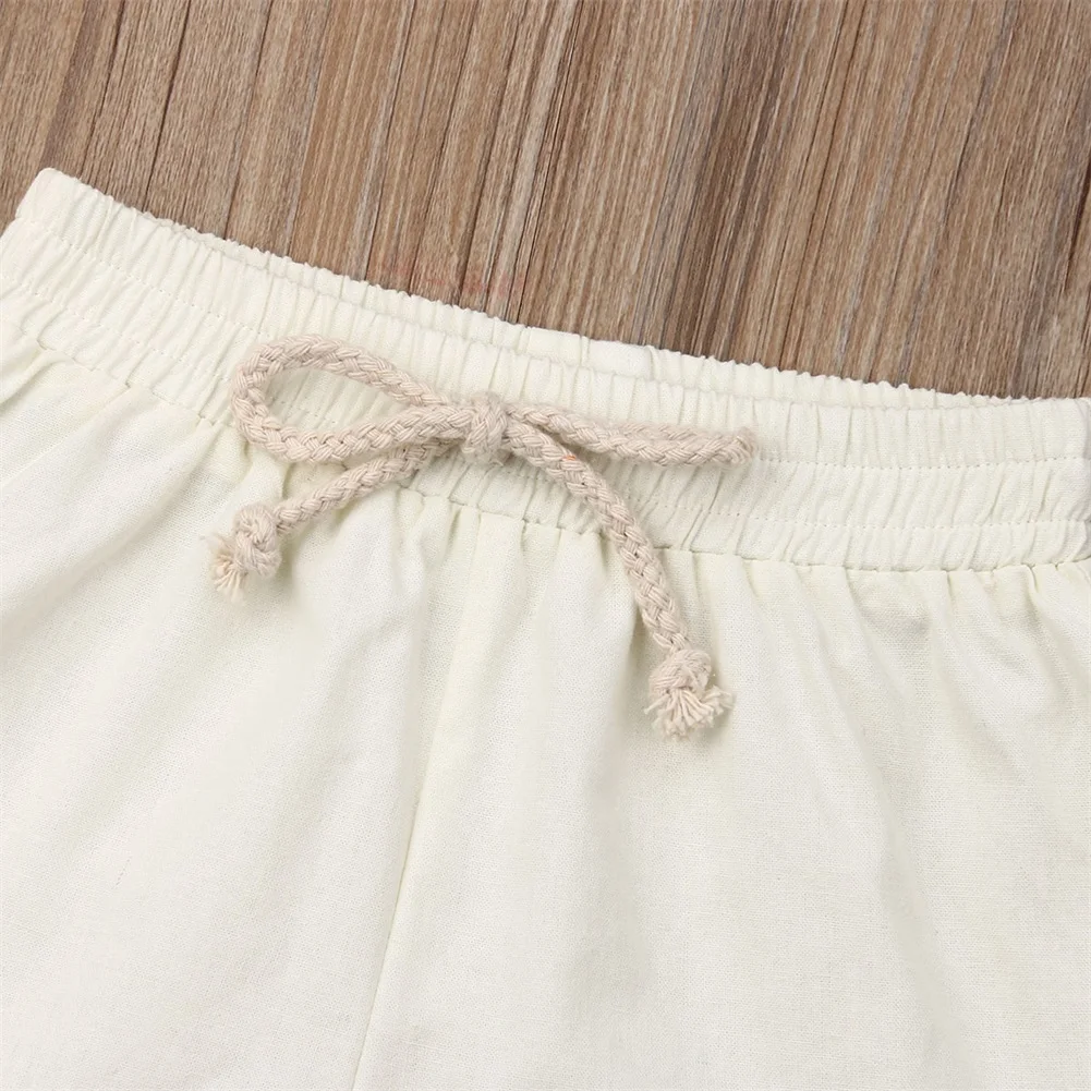 Брендовые хлопковые и льняные шорты для маленьких мальчиков и девочек детские шаровары короткие брюки повседневные однотонные мягкие свободные шорты