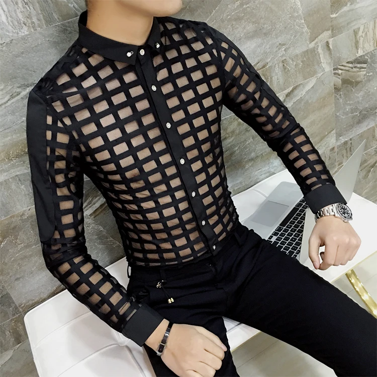 2018 мужские видеть сквозь рубашки Азиатский Модные мужские перспектива рубашка мужская клуб наряд рубашки в клетку черный, белый цвет