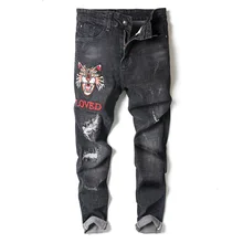 Обтягивающие мужские джинсы, рваные байкерские джинсы с потертостями, весенние повседневные уличные штаны-карандаш с вышивкой
