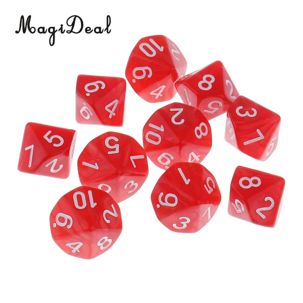 MagiDeal New Hot Sale 10Pcs Plastic Polyhedral 10-Sided Dice D10 for Funny Family Party Bar Club Dice Game Acce 5 Colors Option
