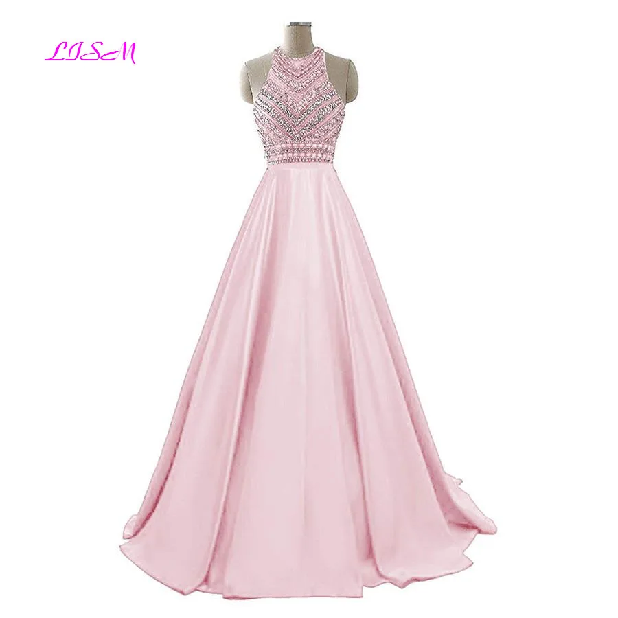 Royal Blue Crystals Prom Dresses 2022 A-Line Sleeveless Party Dress with Pockets O-Neck Beaded Satin Long Formal Evening Gowns rose gold prom dress