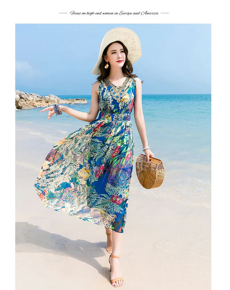 Шелковое платье 2019 весна лето женское длинное повседневное сексуальное шифоновое богемное пляжное платье плюс размер Бохо синее с