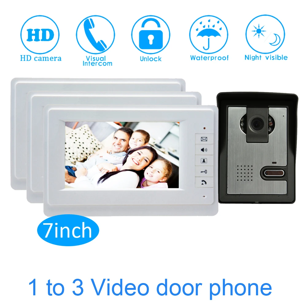 Family one to three video door phone system 7'' Monitor LCD Panel wire type Water proof function Smart Doorbell intercom