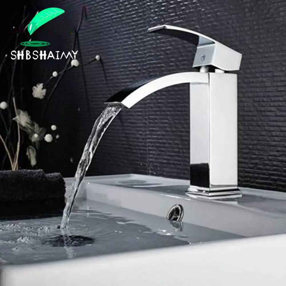 

SHBSHAIMY Chrome Waterfall Bathroom Basin Faucet Deck Mounted Single Handle Single Hole Cold Hot Water Mixer Tap Bass Faucet