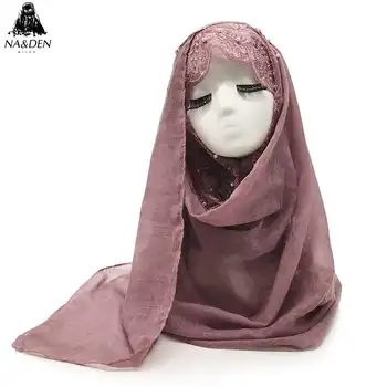 

Women solid viscose with pearl lace scarf muslim scarves hijab islamic eid wrap bandana shawl 10pcs/lot 10 Colors fast shipping