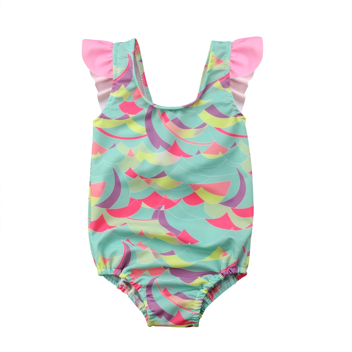 

Baby Girls Swimsuit Colorful Waves Print Kids Swimwear Bathing Suit Beachwear Bowknot Fly Sleeve Baby Girl's Clothes