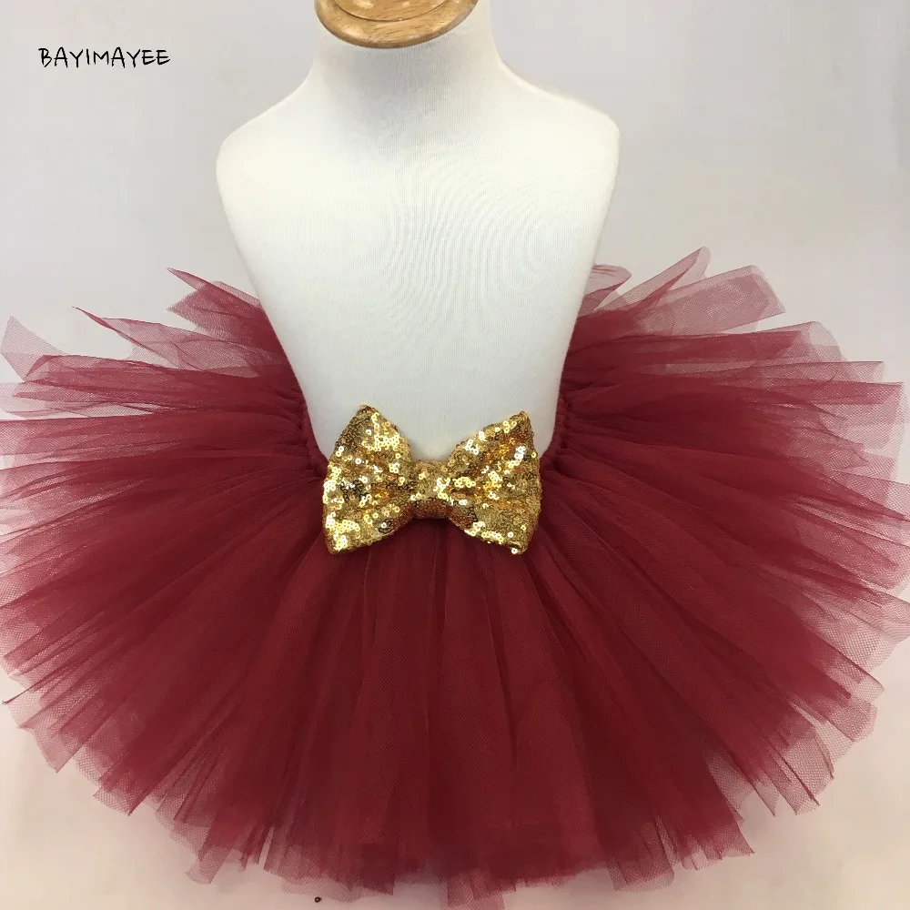 Обувь для девочек Бордовый юбка-пачка маленьких Балетные костюмы танцевальные Pettiskirts с атласной блесток лук дети День рождения юбка костюм юбка-пачка