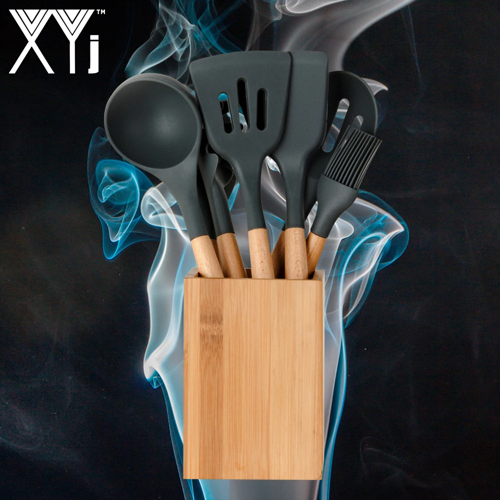 

XYj Silicone Kitchen Utensils 8-Piece Cooking Utensils Set with Wood Handles for Nonstick Cookware Utensils Holder Included