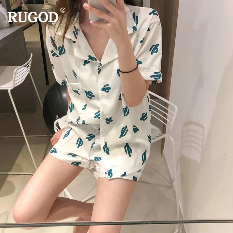 Женский Пижамный костюм RUGOD белая зеленая рубашка с отложным воротником и