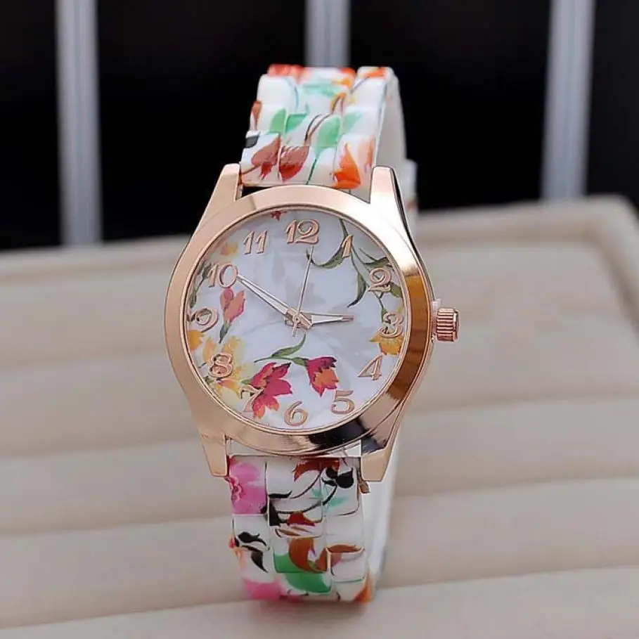 Топ бренд новые роскошные женские часы Reloj с принтом розы силиконовый ремешок Цветочный желе платье часы кварцевые наручные часы подарок