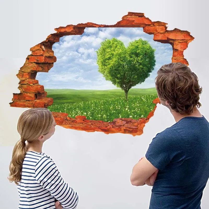 

Removable wall stickers 3D windows View landscape Love heart Green Tree ornaments For living room sofa Decor