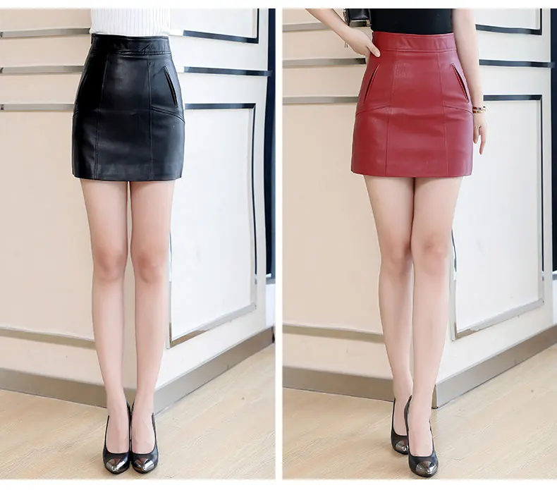 Spring Office Lady Women's Short Skirt Red Black Plus Size 4XL A-line Sexy Leather Jacket High Waist Pocket Mini Skirt