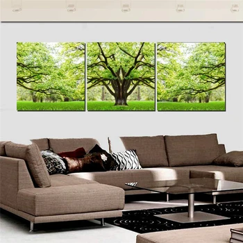 

3 Panels Modern Paintings Decor Prints Green Large Tree Wall Pictures For Living Room Decoration Grass Landscape Painting Sets