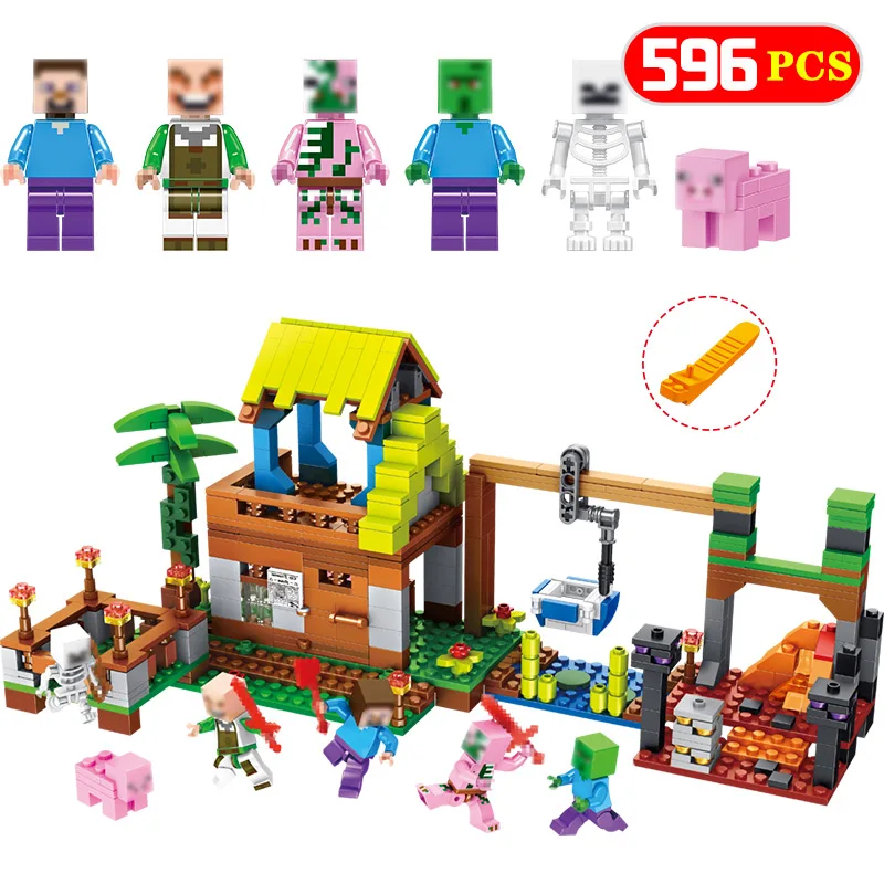 

596PCS Defend Homes Building Blocks Legoing Minecrafted Village Lava Rope Collecting Tour Educational Bricks Toys For Kids